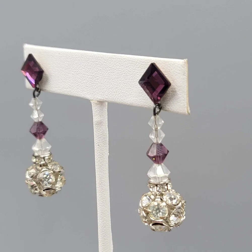 Vintage Purple Rhinestone Pierced Earrings Silver tone Bead Dangle 1.75" - Picture 6 of 9